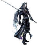  dissidia_final_fantasy final_fantasy final_fantasy_vii full_body left-handed long_hair male_focus nomura_tetsuya official_art sephiroth solo standing sword transparent_background very_long_hair weapon 