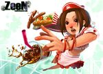  :o blush bob_cut bracelet brown_hair copyright_request cup drink drinking_glass drinking_straw food frills hat hot_dog jewelry ketchup open_mouth pickle red_eyes short_hair solo spill striped surprised tomato uniform waitress zeen84 