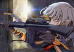  absurdres aiming assault_rifle black_gloves black_jacket braid cartridge eyepatch firing fujiya_mani girls'_frontline gloves gun highres holding holding_gun holding_weapon hood hooded_jacket jacket left-handed long_hair long_sleeves m16 m16a1 m16a1_(boss)_(girls'_frontline) m16a1_(girls'_frontline) magazine_(weapon) mole mole_under_eye multicolored_hair rifle scar scar_across_eye scar_on_face shirt single_braid solo sunlight water_drop weapon white_hair yellow_eyes yellow_shirt 