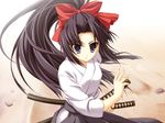  black_eyes black_hair black_hakama bow gift_(game) hair_bow hakama haori hokazono_rinka japanese_clothes katana long_hair non-web_source ponytail samurai solo sword weapon 