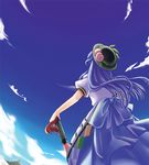  back blue_hair cloud day food from_behind fruit hands_on_hilt hat hinanawi_tenshi leaf long_hair mikagami_hiyori peach sky solo sword sword_of_hisou touhou weapon 