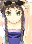  adjusting_goggles bent_over braid brown_hair eyebrows flat_chest goggles goggles_on_head hand_on_hip kabocha_(monkey4) leaning_forward long_hair looking_at_viewer minagi_mikoto my-hime solo twin_braids yellow_eyes 