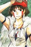  armpits arms_up bad_id bad_pixiv_id bare_arms black_eyes brown_hair cape earrings facepaint headband jewelry mask mononoke_hime necklace san short_hair solo tatta traditional_media 