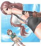  :3 ass bare_shoulders breasts brown_hair final_fantasy final_fantasy_vii highres lips long_hair low-tied_long_hair medium_breasts multiple_girls ninja ninja_(final_fantasy) pencil_skirt shuriken skirt sleeveless sleeveless_turtleneck sparkle takeoutservice tifa_lockhart turtleneck yuffie_kisaragi 