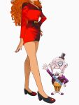  1boy 1girl absurdres bald bare_legs closed_eyes dress facial_hair hat head_out_of_frame highres manabu_yashiro mayor_(ppg) mini_hat mini_top_hat monocle mustache nail_polish powerpuff_girls red_dress red_hair sara_bellum thick_mustache top_hat 