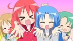  &gt;_&lt; blue_hair brown_hair closed_eyes fine fushigiboshi_no_futago_hime fushigiboshi_no_futago_hime_gyu green_hair lucky_star miruro motteke!_serafuku multiple_girls parody red_hair rein sakuramori_sumomo sophie_(fushigiboshi_no_futago_hime) 