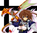 alternate_costume breastplate dragon fingerless_gloves gloves jacket long_sleeves looking_at_viewer lyrical_nanoha magical_girl mahou_shoujo_lyrical_nanoha monster on_shoulder open_clothes open_jacket red_hair scales short_hair solo takamachi_nanoha twintails upper_body wings 