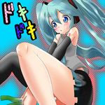  aqua_hair asymmetrical_clothes bad_id bad_pixiv_id blue_eyes blush detached_sleeves hatsune_miku headset long_hair lowres necktie single_thighhigh skirt solo spring_onion thighhighs twintails vocaloid yuubi 