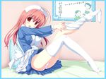  adjusting_clothes adjusting_legwear apron dressing highres koike_nodoka koshitsu_byoushitsu long_hair non-web_source nurse official_art outstretched_leg panties pantyshot pink_hair red_eyes sapporo_momoko solo thighhighs thighhighs_pull underwear white_panties 