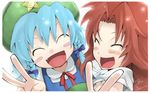  2girls :d ^_^ alternate_hairstyle beret blush_stickers borrowed_garments braid cirno closed_eyes fang friends hair_intakes happy hat headwear_switch hong_meiling morino_hon multiple_girls open_mouth smile star touhou twin_braids v wallpaper 