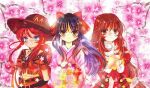  3girls black_hair blue_eyes blush bouquet brown_eyes brown_hair cherry_blossoms collar cowboy_hat cowboy_western cross dress erica_fontaine freckles gemini_sunrise gloves hair_ribbon hat holding holding_bouquet jacket japanese_clothes juliet_sleeves kimono latin_cross long_hair long_sleeves looking_at_viewer miya_(chijou_no_seiza) multiple_girls orange_jacket orange_skirt own_hands_clasped own_hands_together pink_kimono ponytail puffy_sleeves red_dress red_gloves red_hair red_ribbon ribbon sakura_taisen sakura_taisen_iii sakura_taisen_v shinguuji_sakura shirt sidelocks skirt smile white_collar wings yellow_shirt 