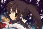  coat food gloves little_busters! natsume_rin plaid ponytail sakura_neko snow solo taiyaki wagashi 