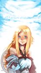  artist_request bare_shoulders blonde_hair blue_eyes day everafter goldilocks long_hair scar scar_across_eye sky solo watermark 