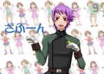  2girls :d bad_id bad_pixiv_id belt billy_katagiri buckle gloves gundam gundam_00 hand_on_own_chest k15 kati_mannequin long_sleeves military military_uniform multiple_boys multiple_girls open_mouth purple_eyes purple_hair revive_revival simple_background smile sumeragi_lee_noriega uniform white_background white_gloves 