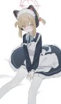  1girl animal_ear_headphones animal_ears apron black_dress blonde_hair blue_archive blush bow cat_ear_headphones closed_mouth dress fake_animal_ears feet_out_of_frame frilled_dress frills halo headphones highres long_sleeves looking_at_viewer maid maid_apron maid_headdress momoi_(blue_archive) momoi_(maid)_(blue_archive) neck_ribbon nun0n0 official_alternate_costume pantyhose pink_eyes pink_halo ribbon short_hair short_twintails simple_background sitting solo twintails twitter_username white_apron white_background white_pantyhose 