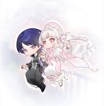  1boy 1girl alternate_costume apron arm_at_side artist_request black_collar black_kimono black_sleeves black_vest blunt_bangs blunt_ends bow bowtie bright_pupils chinese_knot closed_mouth collar commission commissioner_insert couple curtained_hair earrings frilled_apron frilled_sleeves frills furisode genshin_impact hair_bow hair_intakes hand_up hayami_momo_(hayamimomo) hetero highres holding_hands japanese_clothes jewelry jinbaori kimono lapels large_bow layered_sleeves long_hair long_sleeves looking_at_viewer mole mole_under_eye obi obiage oc_x_canon one_side_up open_clothes open_mouth open_vest original outline outstretched_arm parted_bangs pink_bow pink_bowtie pink_eyes pink_kimono pink_sleeves purple_eyes purple_hair sash scaramouche_(genshin_impact) second-party_source shirt smile swept_bangs tassel tsurime turtleneck turtleneck_shirt undershirt vest waist_apron white_apron white_bow white_hair white_mouth white_outline white_pupils white_shirt white_sleeves 