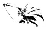  bardiche cape energy_blade fate_testarossa greyscale high_contrast highres long_hair lyrical_nanoha mahou_shoujo_lyrical_nanoha_strikers mohomen monochrome scythe solo thighhighs 