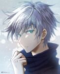  1boy akane_(akaneoekaki0928) blue_eyes closed_mouth collar_tug commentary gojou_satoru grey_hair highres jujutsu_kaisen looking_at_viewer male_focus portrait short_hair solo twitter_logo twitter_username very_short_hair 