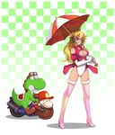  bare_shoulders blonde_hair blue_eyes boots breasts checkered checkered_background cleavage cleavage_cutout crown earrings elbow_gloves gloves goggles ground_vehicle headset high_heels highleg highleg_leotard jewelry kara_(color) large_breasts leotard long_hair mario mario_(series) motor_vehicle motorcycle objectification pink_footwear pink_legwear princess_peach race_queen revision shadow shoes smile standing super_mario_bros. thigh_boots thighhighs umbrella white_leotard yoshi 