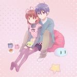  1girl bad_id bad_pixiv_id blue_eyes blue_hair blush brown_eyes brown_hair clannad couple cup dango_daikazoku furukawa_nagisa hetero hug husband_and_wife mosu okazaki_tomoya pantyhose polka_dot short_hair starfish 