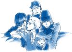  amada_ken aragaki_shinjirou beanie blue child fujico hair_over_one_eye hat iori_junpei male_focus monochrome multiple_boys persona persona_3 sanada_akihiko school_uniform simple_background sweatdrop trench_coat yuuki_makoto 