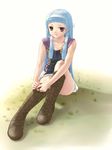  bangs blue_hair blunt_bangs boots hair_tubes hairband kannagi long_hair nagi purple_eyes rasukaru sitting solo 