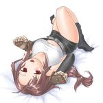  :p breasts brown_hair covered_nipples final_fantasy final_fantasy_vii highres long_hair low-tied_long_hair lying medium_breasts miniskirt on_back pencil_skirt shirt skirt socks solo takeoutservice taut_clothes taut_shirt tifa_lockhart tongue tongue_out 