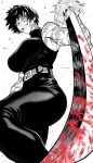  1girl bare_shoulders belt black_pants black_shirt blood blood_on_weapon breasts commentary english_commentary green_eyes greyscale grin highres holding holding_sword holding_weapon jujutsu_kaisen large_breasts monochrome pants scar scar_on_arm scar_on_face shirt short_hair sleeveless sleeveless_shirt smile solo spot_color sword teeth turtleneck turtleneck_shirt weapon websake zen'in_maki 