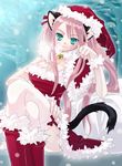  animal_ears bell bell_collar breath cat_ears cat_tail christmas collar green_eyes hat jingle_bell koshikawa_guu long_hair original santa_costume santa_hat sitting snow solo tail thighhighs 