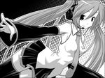  detached_sleeves foreshortening greyscale hands hatsune_miku headset hermmy highres long_hair monochrome necktie skirt solo thighhighs twintails vocaloid 