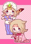  1other 2boys absurdres beanie blonde_hair blue_arm_warmers blue_eyes blue_pants blue_sleeves blush chibi chibi_only colored_skin commentary_request cosplay costume_switch crossdressing crossdressing_(ftm) crossdressing_(mtf) dress feathers flower_ornament hat heart_ornament highres hood hood_down hoodie horse_print horseshoe_hat_ornament horseshoe_ornament johnny_joestar jojo_no_kimyou_na_bouken lucy_steel m_a_a_m_8 male_focus multiple_boys outline pants pink_arm_warmers pink_dress pink_pants pink_skin sitting smile stand_(jojo) standing star_(symbol) star_print steel_ball_run tusk_(stand) tusk_act1 two-tone_sleeves wariza wavy_mouth white_hat white_hoodie white_outline white_sleeves 