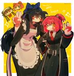  1boy 3girls ;p alternate_costume apron belt black_belt black_coat black_hair black_pants black_vest blue_bow blue_eyes blush blush_stickers bow coat collared_shirt cosplay costume_switch crossover double_bun emerald_kitty english_commentary english_text enmaided green_eyes hair_bow hair_bun high_ponytail highres hisui_(tsukihime) hong_lu_(project_moon) japanese_clothes jia_xichun_(project_moon) kimono kohaku_(tsukihime) leaning_forward limbus_company long_hair long_sleeves looking_at_viewer maid maid_apron maid_headdress multiple_girls necktie one_eye_closed pants ponytail project_moon red_eyes red_hair red_necktie shirt short_hair short_ponytail simple_background smile sparkle tongue tongue_out tsukihime twintails v very_long_hair vest white_apron white_shirt yellow_background yellow_eyes 