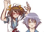  asuka_asuka crazy_frog_brothers dancing eyelashes glasses kita_high_school_uniform meme multiple_girls nagato_yuki parody red-framed_eyewear school_uniform serafuku simple_background suzumiya_haruhi suzumiya_haruhi_no_yuuutsu white_background 