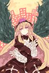  black_dress blonde_hair blush cityscape cowboy_shot dress frilled_sleeves frills head_tilt long_hair long_sleeves looking_at_viewer pink_eyes rozen_maiden solo suigintou umitsuki very_long_hair x_arms 