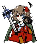  1other ametsukana_yago androgynous annoyed bandage_over_one_eye brown_hair cape creature creature_on_shoulder cropped_torso crossed_arms gouged_eye green_cape hexagram holding holding_sword holding_weapon japanese_clothes kimono len'en long_sleeves looking_at_creature mask mask_on_head noh_mask on_shoulder other_focus otogisum3 parted_lips patchwork_clothes red_eyes red_kimono red_mask rope shide shimenawa short_hair simple_background solo squiggle star_of_david sword weapon white_background wide_sleeves 