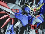  black_background blue_eyes destiny_gundam glowing glowing_eye gundam gundam_seed gundam_seed_destiny looking_at_viewer mecha no_humans one-eyed simple_background solo tro 