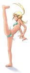  axe_kick barefoot bikini blonde_hair green_eyes high_kick highres kicking long_hair long_legs original ponytail shuuji_(shumi) side-tie_bikini simple_background solo swimsuit 