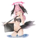  1girl absurdres adjusting_hair bikini black_bag black_bikini black_wings blue_archive blush breasts commentary_request czy5201314 embarrassed feathered_wings halo hand_up head_wings highres koharu_(blue_archive) koharu_(swimsuit)_(blue_archive) long_hair looking_at_viewer low_twintails low_wings official_alternate_costume open_mouth pink_eyes pink_hair pink_halo simple_background small_breasts solo swimsuit twintails wading white_background wings 