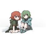  2others androgynous bare_arms bare_legs black_shirt blue_boots blue_jacket boli_yan_moni_qi boots brown_boots brown_shorts closed_mouth collared_shirt dot_nose expressionless full_body green_eyes green_hair green_jacket grey_shorts grin hair_between_eyes hands_on_own_knees happy high_collar highres hood hood_down hooded_jacket jacket kneeling knees_up len'en light_frown long_sleeves looking_at_another looking_at_viewer multiple_others open_clothes open_jacket other_focus puffy_long_sleeves puffy_sleeves red_eyes red_hair shadow shirt shitodo_aoji shitodo_hooaka short_hair short_sleeves shorts siblings sitting sleeves_past_wrists smile socks white_background white_socks zipper 