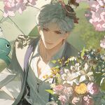  1boy belt black_belt bouquet cherry_blossoms chinese_commentary closed_mouth collarbone collared_shirt curtained_hair daisy_(flower) day flower grass grey_hair grey_jacket guaisanmu hair_flower hair_ornament highres holding holding_bouquet jacket jewelry lapels light_smile lily_(flower) long_sleeves looking_at_viewer looking_up love_and_deepspace male_focus necklace open_clothes open_jacket outdoors parted_bangs peony_(flower) phonograph_hair_ornament picnic_blanket pink_flower pink_rose plunging_neckline purple_flower red_eyes rose shadow shawl_lapels shirt short_hair solo stuffed_dinosaur sunlight suspenders suspenders_hanging sylus_(love_and_deepspace) tooth_necklace umbrella upper_body white_flower white_lily white_shirt yellow_flower 