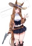  1girl alternate_costume animal_ears belt belt_buckle black_corset black_skirt blush brown_belt brown_hair brown_hat brown_jacket buckle commentary_request corset cowboy_hat cowboy_western crop_top cropped_jacket ears_through_headwear feet_out_of_frame finger_on_trigger grass_wonder_(umamusume) gun hat herohero_(higashi_no_dou) highres holding holding_gun holding_weapon horse_ears horse_girl horse_tail jacket long_hair long_sleeves looking_at_viewer midriff miniskirt navel open_clothes open_jacket open_mouth request_inset revolver shirt simple_background skirt smile solo standing tail thighs umamusume weapon weapon_case white_background white_shirt 