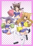  absurdres animal_ears bad_id bad_pixiv_id braid brown_hair cat_ears cheerleader highres long_hair multiple_girls original panties pom_poms purple_hair thighhighs twin_braids twintails underwear yotsuha_(little_squash) zettai_ryouiki 