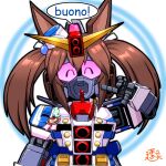  animal_ears brown_hair chest_cannon chibi closed_eyes gundam hair_between_eyes hashtag-only_commentary hishi_akebono_(umamusume) horse_ears horse_girl long_hair looking_at_viewer mayohi_neko mecha mecha_focus mobile_suit psycho_gundam red_eyes robot science_fiction sd_gundam speech_bubble twintails umamusume v-fin zeta_gundam 