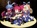  2girls blonde_hair blue_eyes blue_hair bow cape cymbals demon_girl demon_tail disgaea earrings elbow_gloves etna flonne gloves guitar harada_takehito instrument jewelry laharl microphone multiple_girls music prinny red_eyes red_hair red_shorts shorts singing skull spotlight tail thighhighs wings 