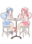  blue_hair cake casual chair eating fine food fushigiboshi_no_futago_hime glass hat ichigo_mashimaro long_hair low-tied_long_hair multiple_girls parody pastry red_hair rein sakuramori_sumomo sandals sitting skirt table 