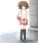  bag blush boots brown_eyes brown_hair casual handbag hidamari_sketch non-web_source pencil_skirt short_hair skirt solo yuno 