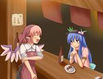  apron bad_id bad_pixiv_id blue_hair bottle closed_eyes food food_stand fruit hat hinanawi_tenshi leaf multiple_girls mystia_lorelei noren peach phantom2071 pink_hair touhou translated wings yatai 