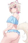  1girl animal_ear_fluff animal_ears artist_name bare_shoulders blonde_hair blue_eyes blue_skirt contrapposto cowboy_shot crossed_bangs dog_ears dog_girl dog_tail dot_nose double-parted_bangs hair_between_eyes hair_ornament highres hololive hololive_english light_smile looking_at_viewer microskirt mococo_abyssgard multicolored_hair panties pink_hair short_hair short_sleeves simple_background skirt solo soup_(soupysoull) strapless striped_clothes striped_panties tail two-tone_hair underwear watermark wet white_background x_hair_ornament 