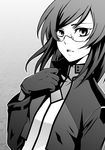  glasses gloves grey_background greyscale gundam gundam_00 looking_at_viewer male_focus monochrome semi-rimless_eyewear simple_background solo tieria_erde umimami under-rim_eyewear upper_body 