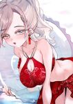  1girl absurdres bare_shoulders bent_over bikini breasts ceras_yanagida_lilienfeld cleavage cleavage_cutout clothing_cutout collarbone commentary earrings frilled_innertube fusion_crust_(love_live!) grey_eyes grey_hair hashtag-only_commentary highres holding holding_swim_ring jewelry jin_(oihlf) large_breasts link!_like!_love_live! long_hair love_live! multi-strapped_bikini_top official_alternate_costume ponytail red_bikini solo swim_ring swimsuit transparent_innertube virtual_youtuber wet 